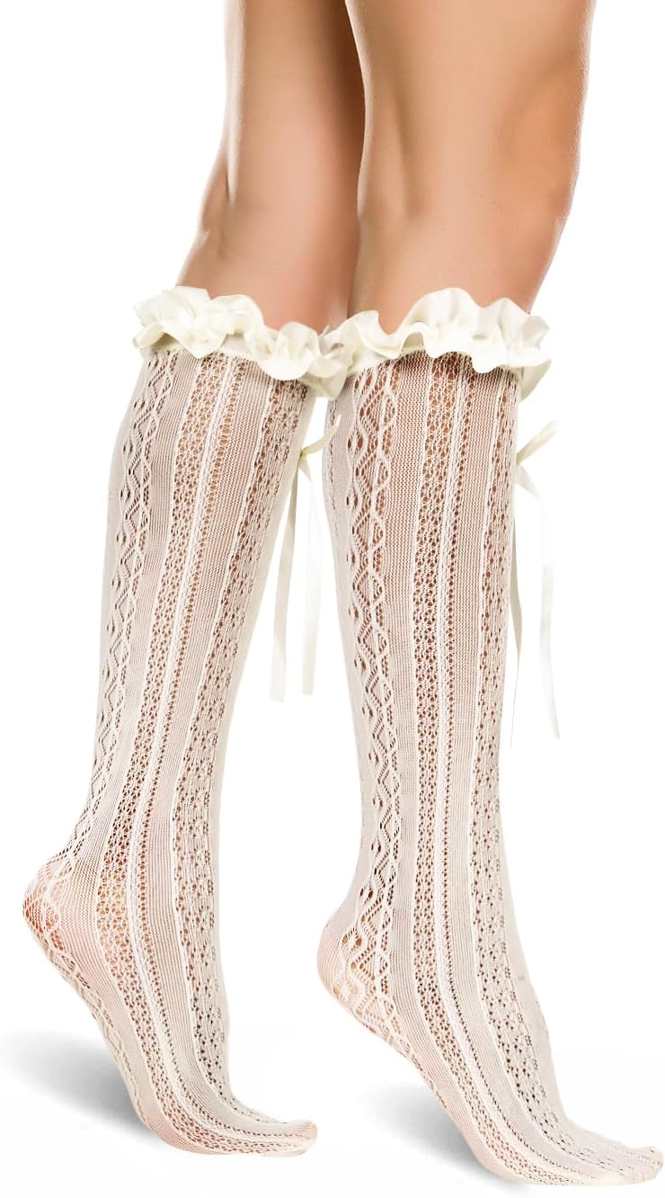 Benefeet Sox Womens Fishnet Knee High Socks White Black Lace Mesh Sexy Stockings Hollow Out Sheer Tube Calf Sock - Image 2